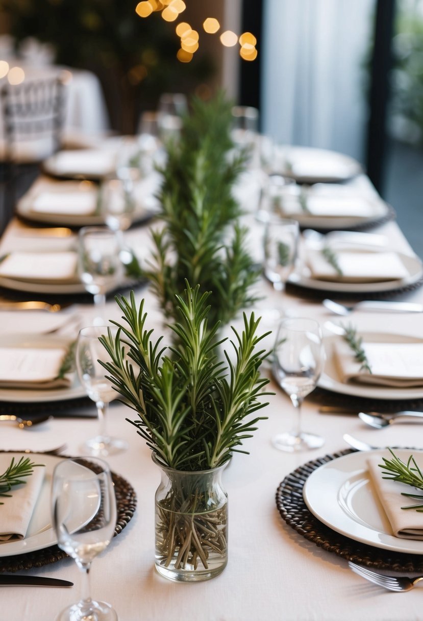 Rosemary sprigs arranged neatly at each place setting on a wedding table, adding a touch of greenery and elegance to the decor