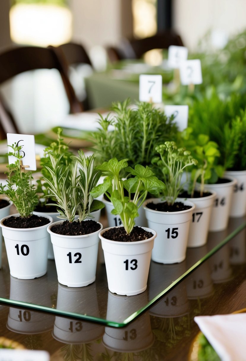 Mini potted herbs arranged in a row, each labeled with a different number, serve as unique and natural table decorations for a greenery-themed wedding