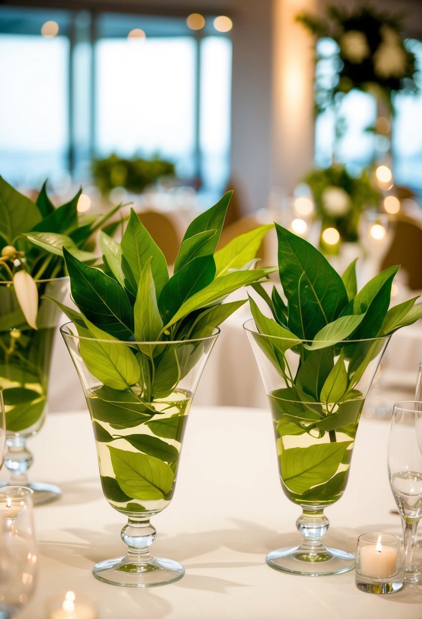 Glass bowls filled with floating leaves create a natural and elegant centerpiece for a wedding table. The vibrant greenery adds a touch of freshness and sophistication to the decor