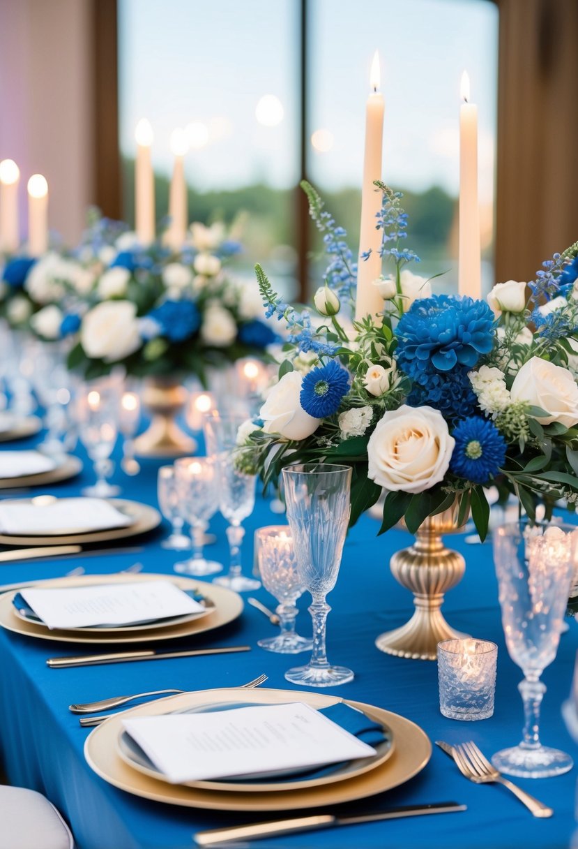 A blue-themed wedding table with elegant floral centerpieces, delicate candles, and shimmering glassware