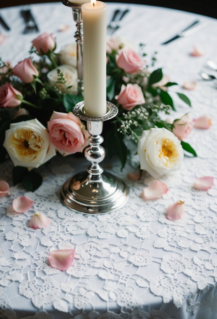 A white lace tablecloth with a silver candlestick centerpiece surrounded by delicate floral arrangements and scattered rose petals