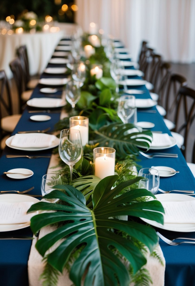 A long table adorned with a vibrant green Monstera leaf table runner, adding a touch of natural elegance to a wedding reception