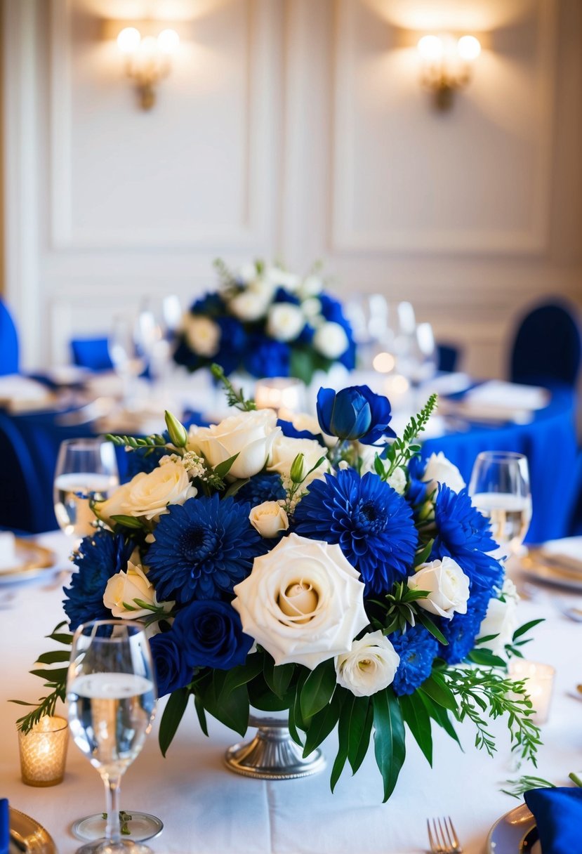 A royal blue and white floral centerpiece adorns a wedding table, creating an elegant and romantic atmosphere