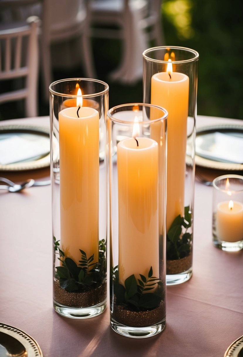 Glass cylinders hold floating candlesticks, casting a warm glow on a wedding table