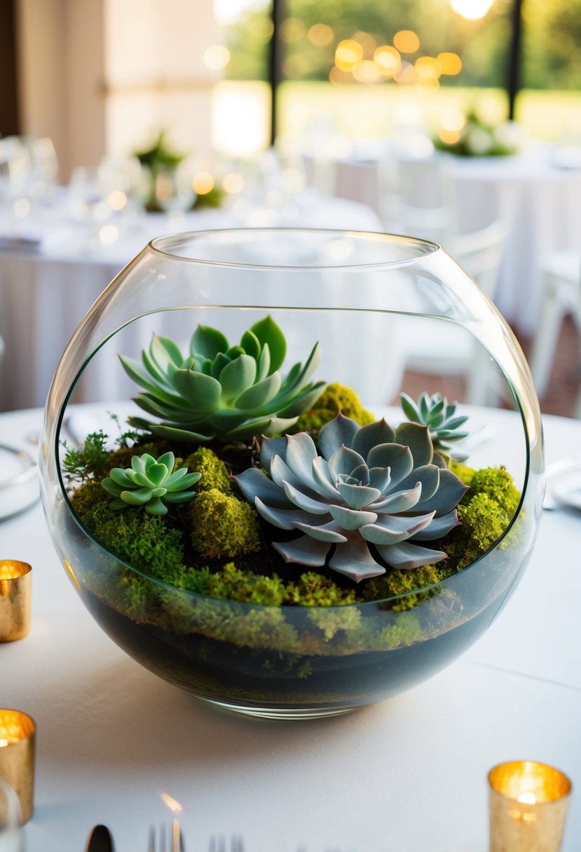 A glass terrarium filled with succulents and moss, serving as a centerpiece for a wedding table