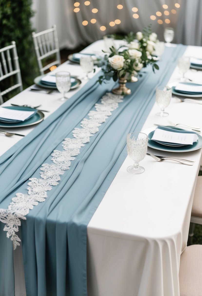 A long dusty blue table runner drapes across a white table, adorned with delicate lace and silver accents, creating an elegant and romantic wedding table decoration