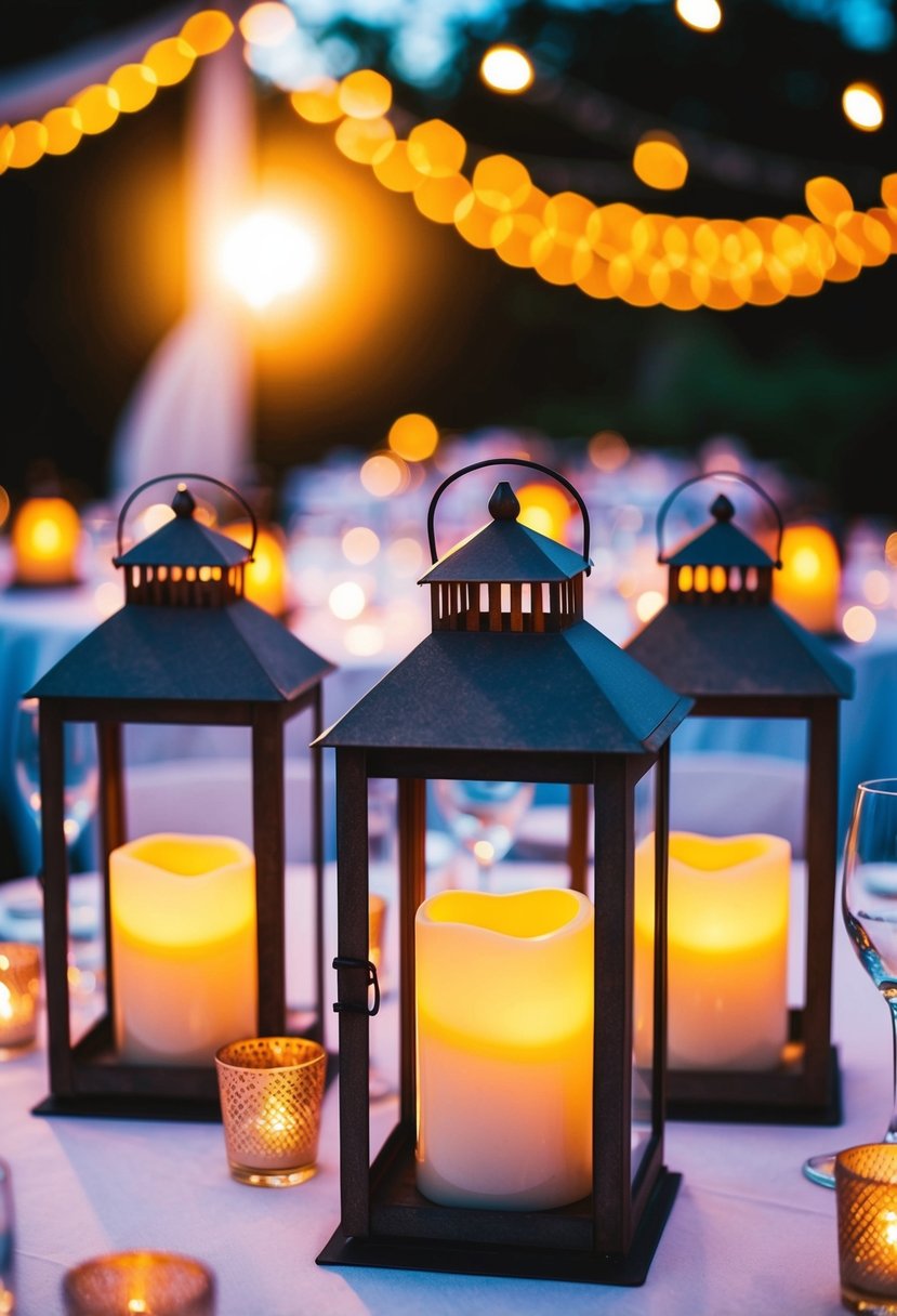 Rustic lanterns with candle inserts illuminate a wedding table, casting a warm and romantic glow