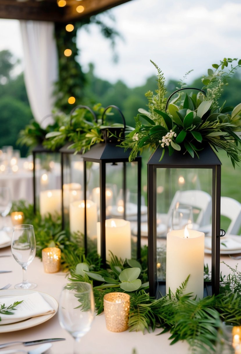 Lanterns filled with lush greenery adorn a wedding table, creating a natural and elegant centerpiece