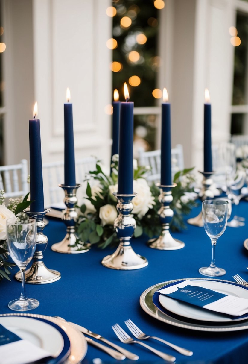 Navy and silver candle holders arranged on a blue wedding table with elegant decorations