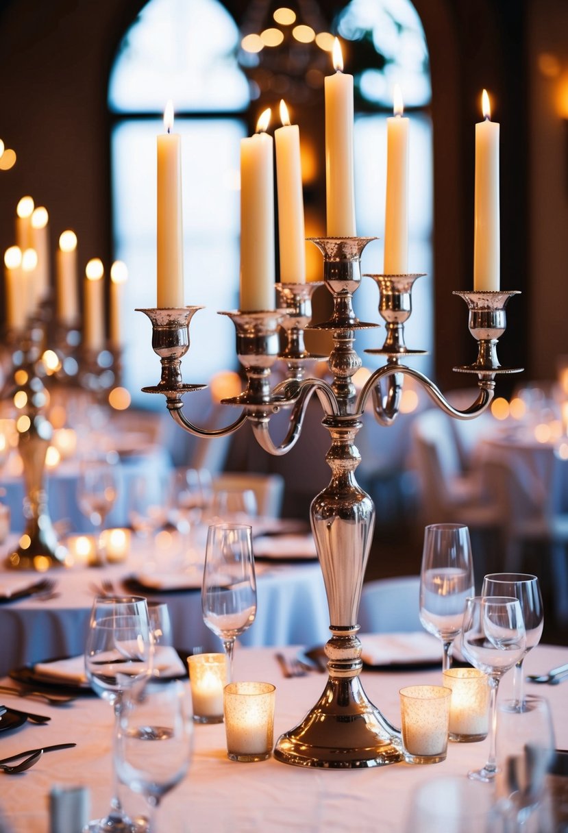 Metallic candelabras adorned with taper candles illuminate a wedding table, creating an elegant and romantic ambiance