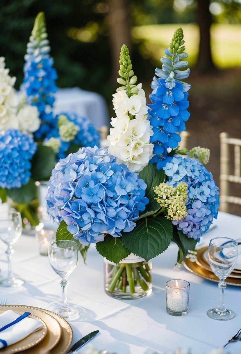 A table adorned with blue hydrangea and delphinium arrangements for a wedding centerpiece