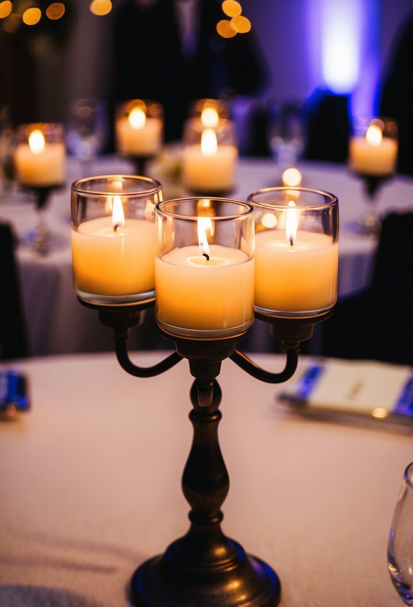 Several glass votive candles hang from a metal candlestick, creating a warm and romantic ambiance on a wedding reception table