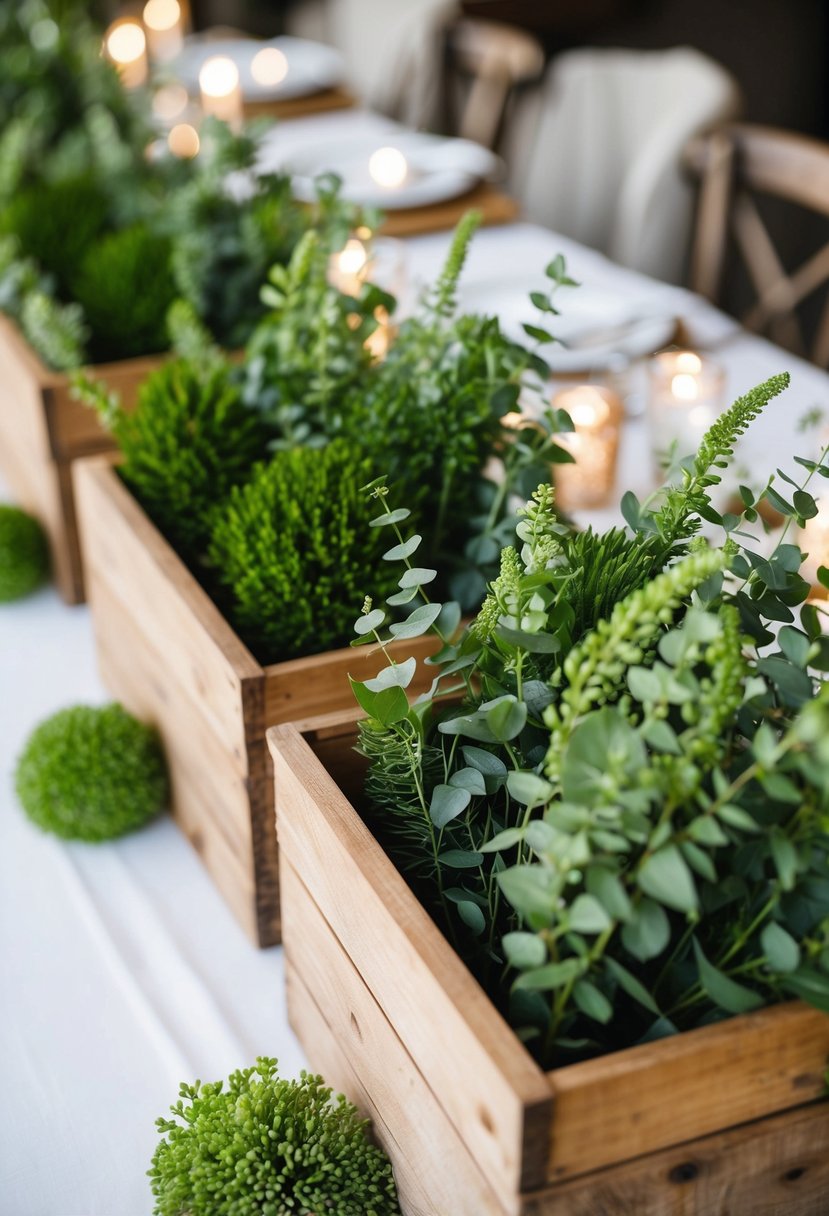 Rustic wooden boxes filled with lush green sprays of greenery arranged as wedding table decorations