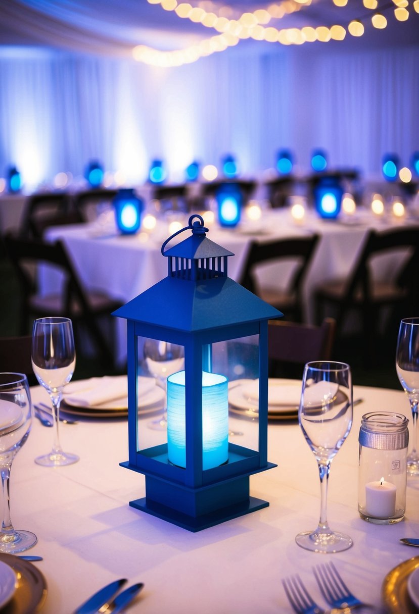 Blue lanterns with LED lights illuminate a wedding table, casting a soft blue glow