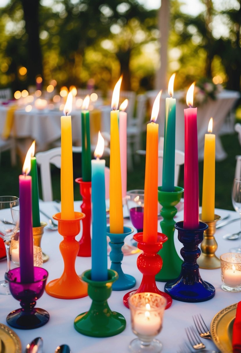 A table set with various taper candles in different colors, arranged in mismatched candlesticks for a vibrant and eclectic wedding decoration