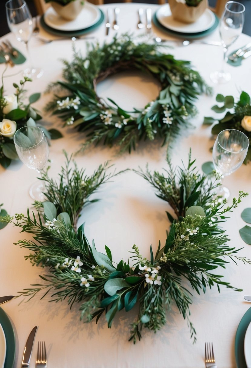 Two asymmetrical greenery wreaths adorn a wedding table, intertwined with delicate foliage and accented with small white flowers