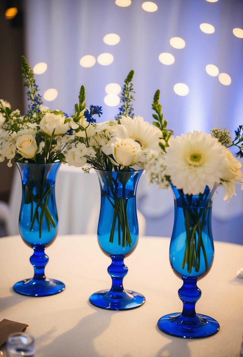 Three sapphire blue glass vases filled with white flowers arranged on a wedding reception table