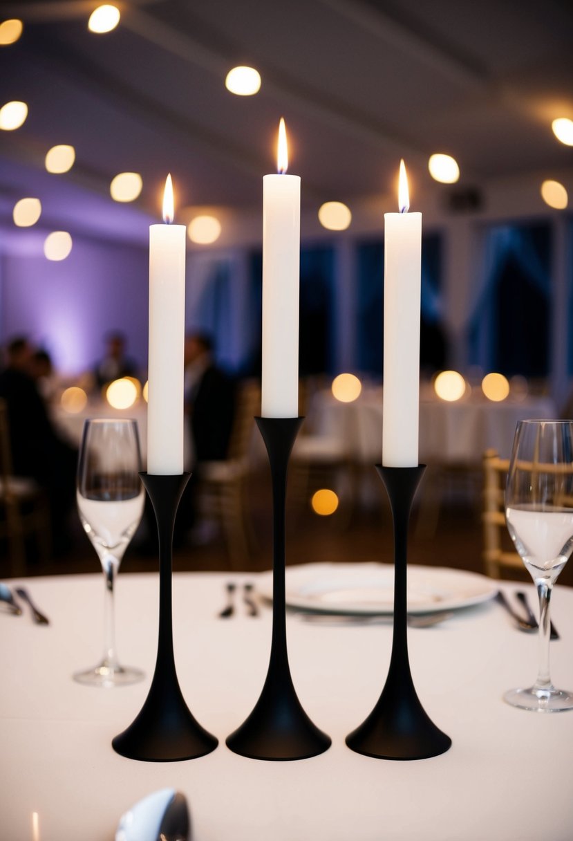 Three sleek, modern candlesticks arranged in a minimalist trio on a wedding reception table