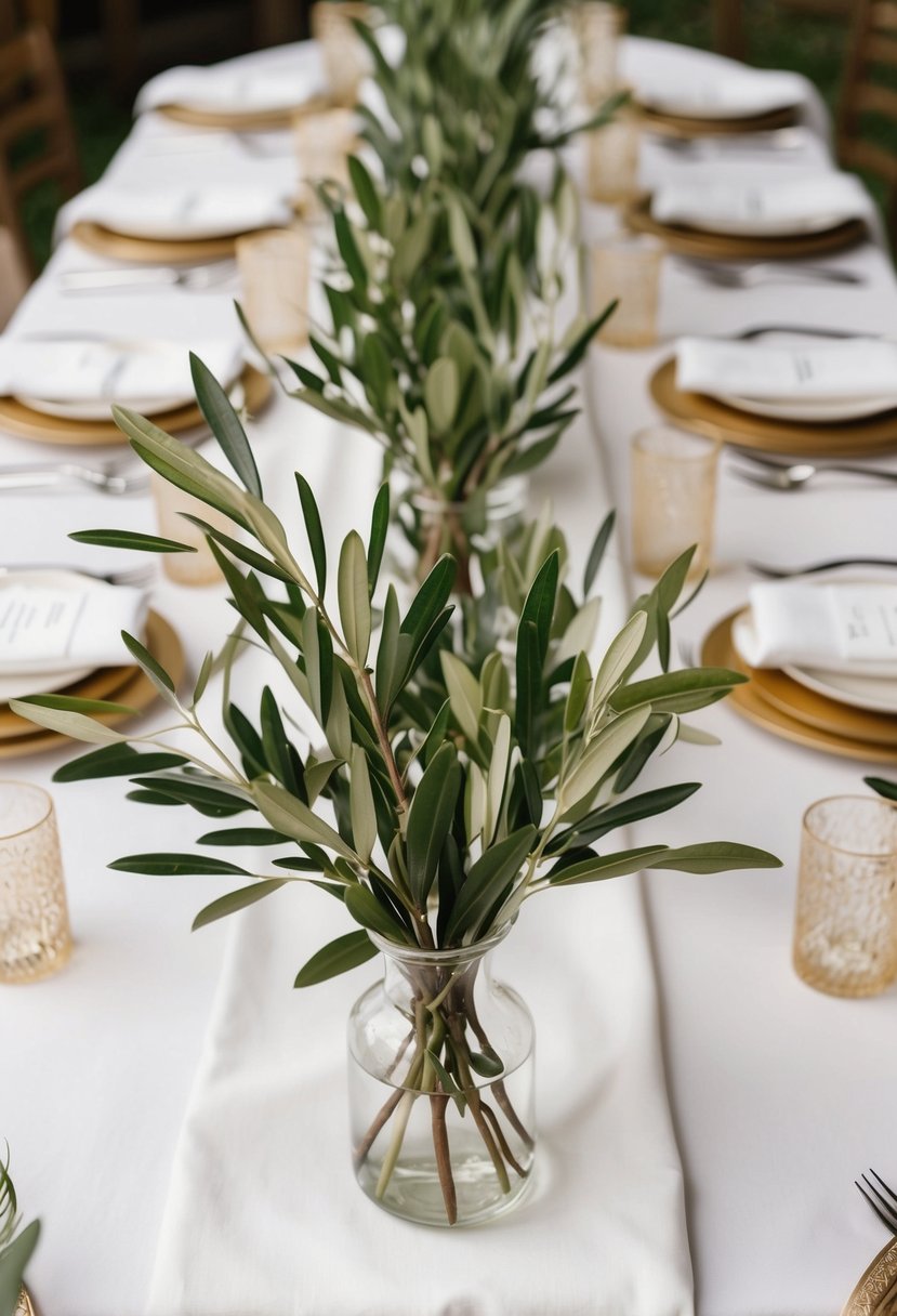 Fresh green olive branches arranged on crisp white linens for a wedding table centerpiece