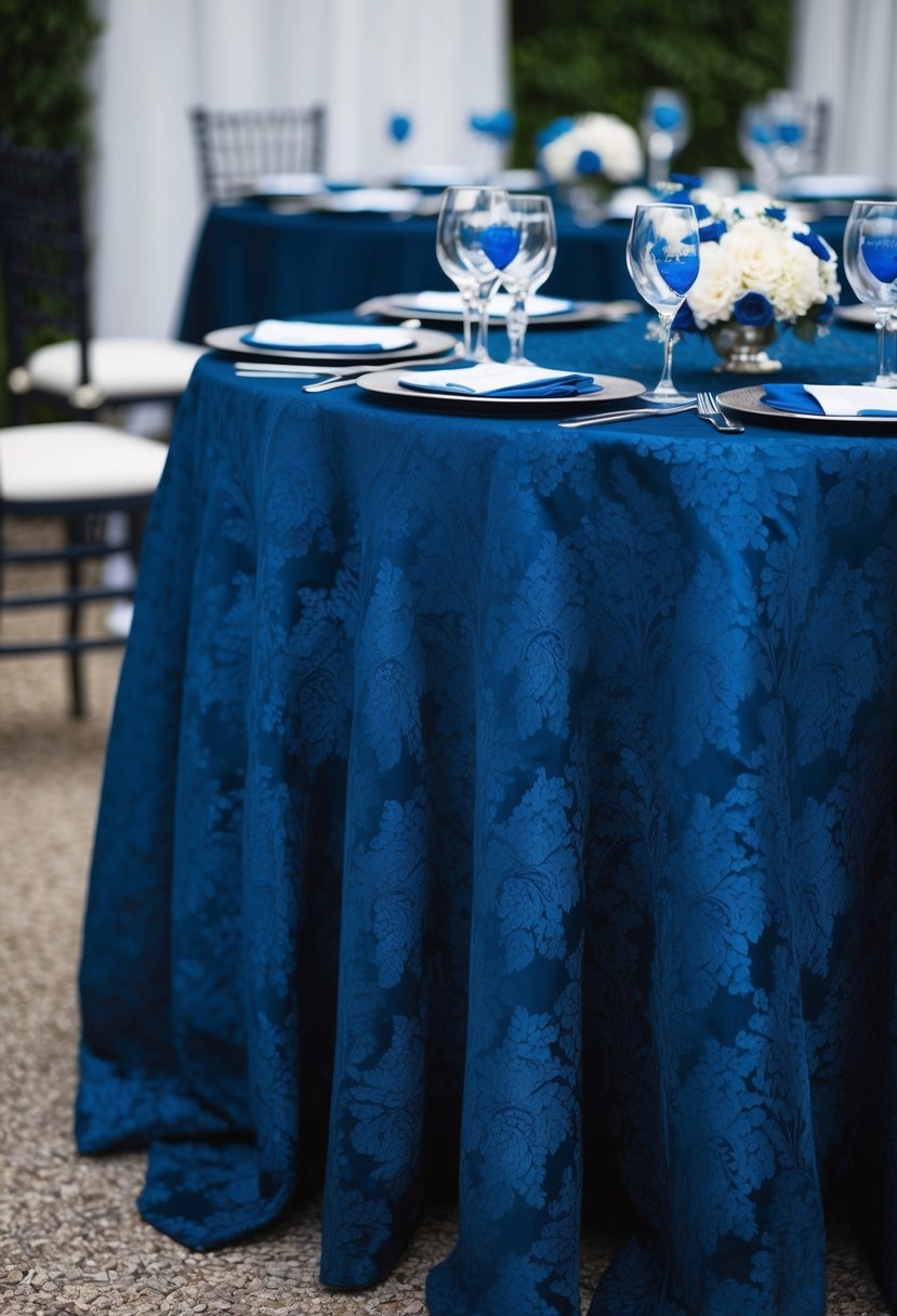 A navy damask tablecloth drapes elegantly over a round table, adorned with blue and silver wedding decorations