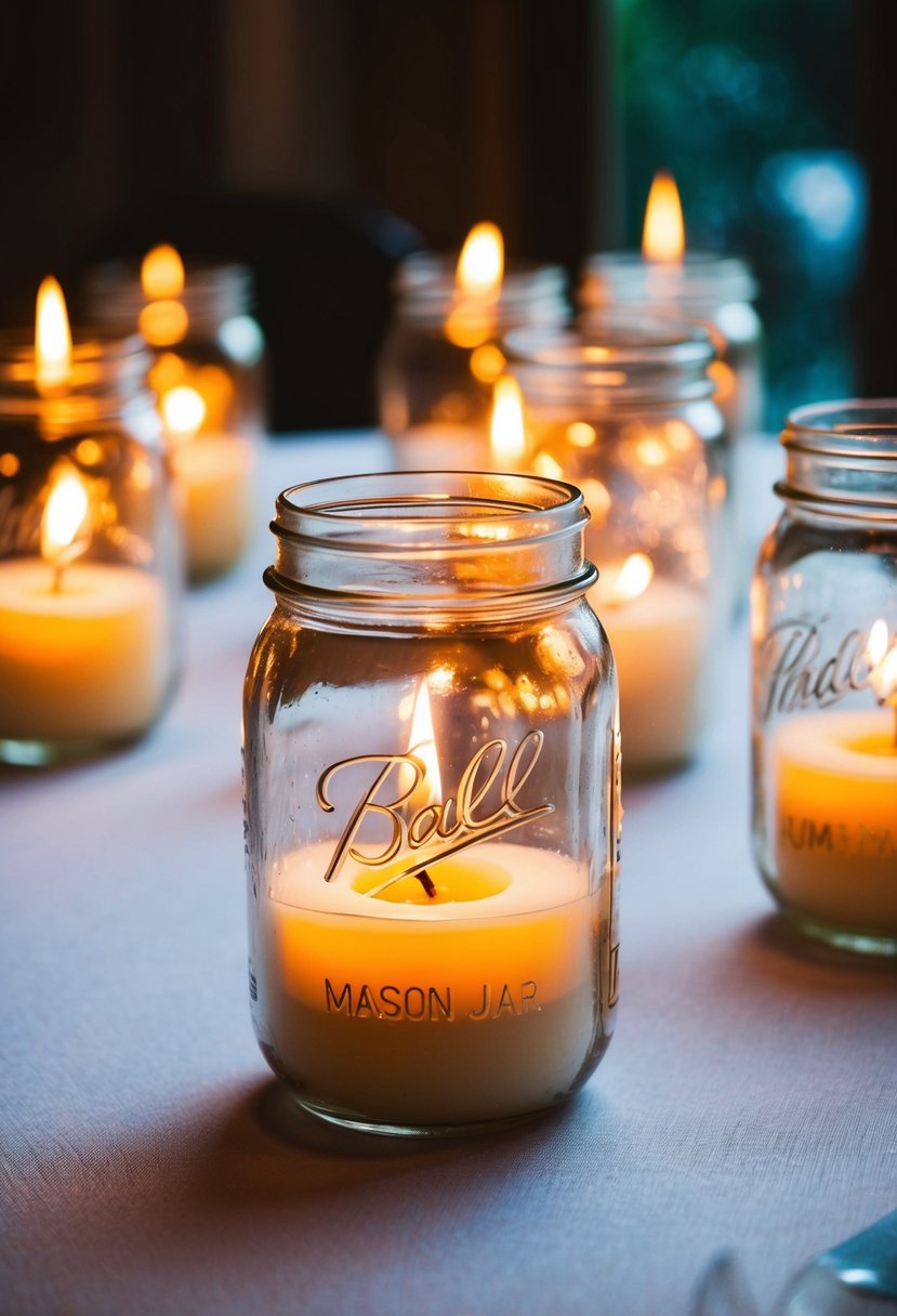 Candles flicker inside mason jars on a wedding table, casting a warm glow