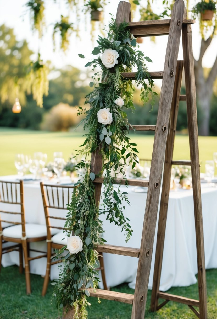 A rustic ladder adorned with hanging greenery, creating a charming wedding table decoration