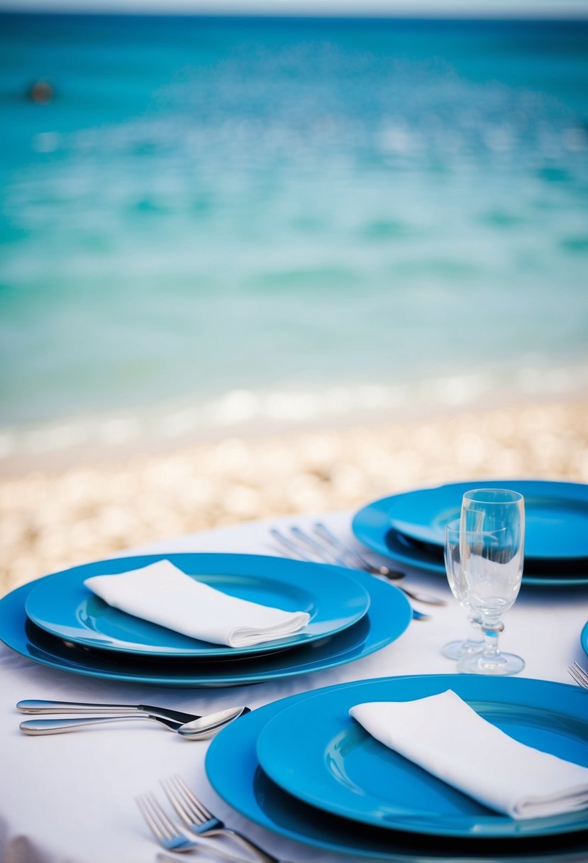 Ocean blue charger plates arranged on a white table with silver cutlery and white napkins, set against a backdrop of a serene blue ocean