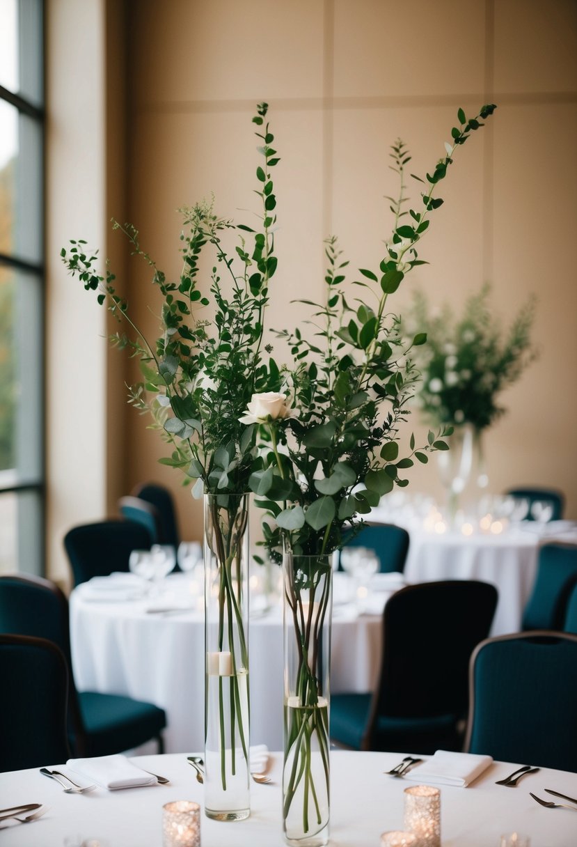 Tall vases hold sparse greenery on a wedding table