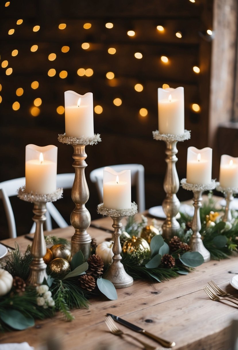 A rustic wooden table adorned with seasonal candlestick accents, featuring elegant and whimsical wedding decorations