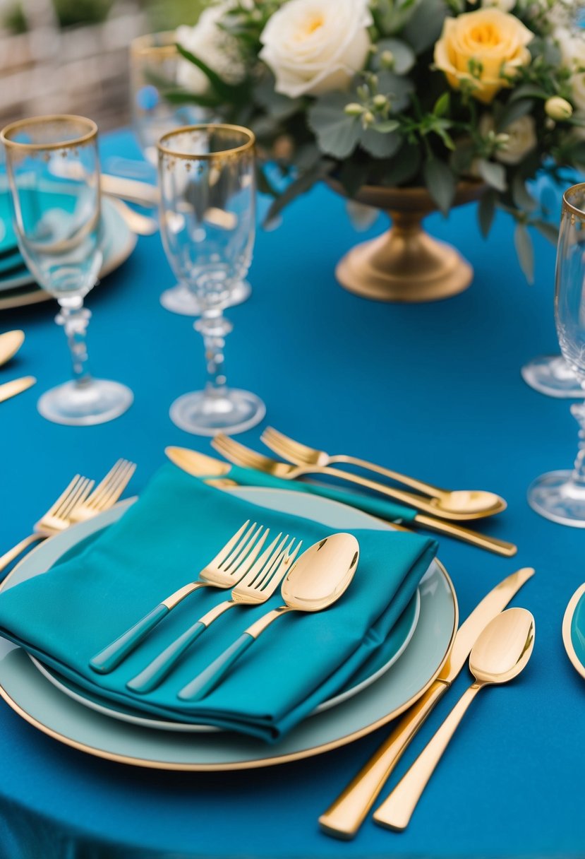 A teal and gold cutlery set arranged on a blue wedding table with elegant decorations