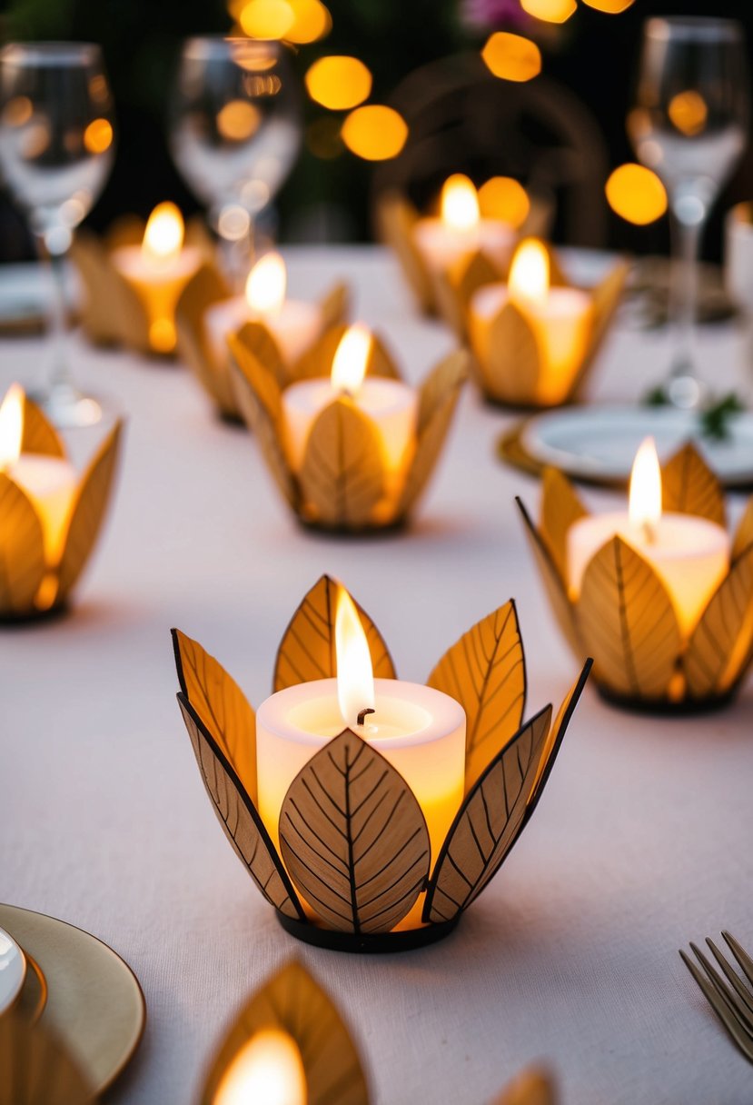 Tea lights arranged in leaf pattern holders on a wedding table, creating a warm and inviting ambiance