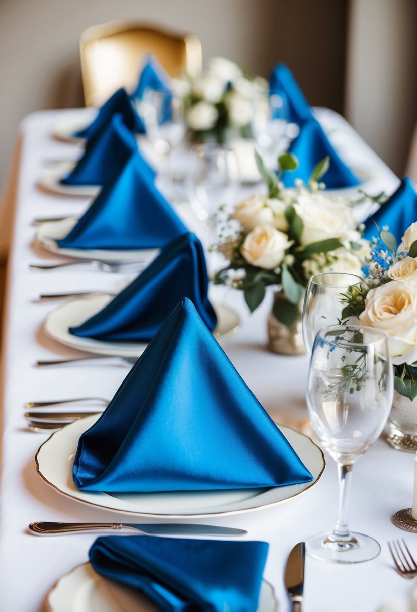 Cobalt blue satin napkins arranged on a wedding reception table with elegant silverware and floral centerpieces