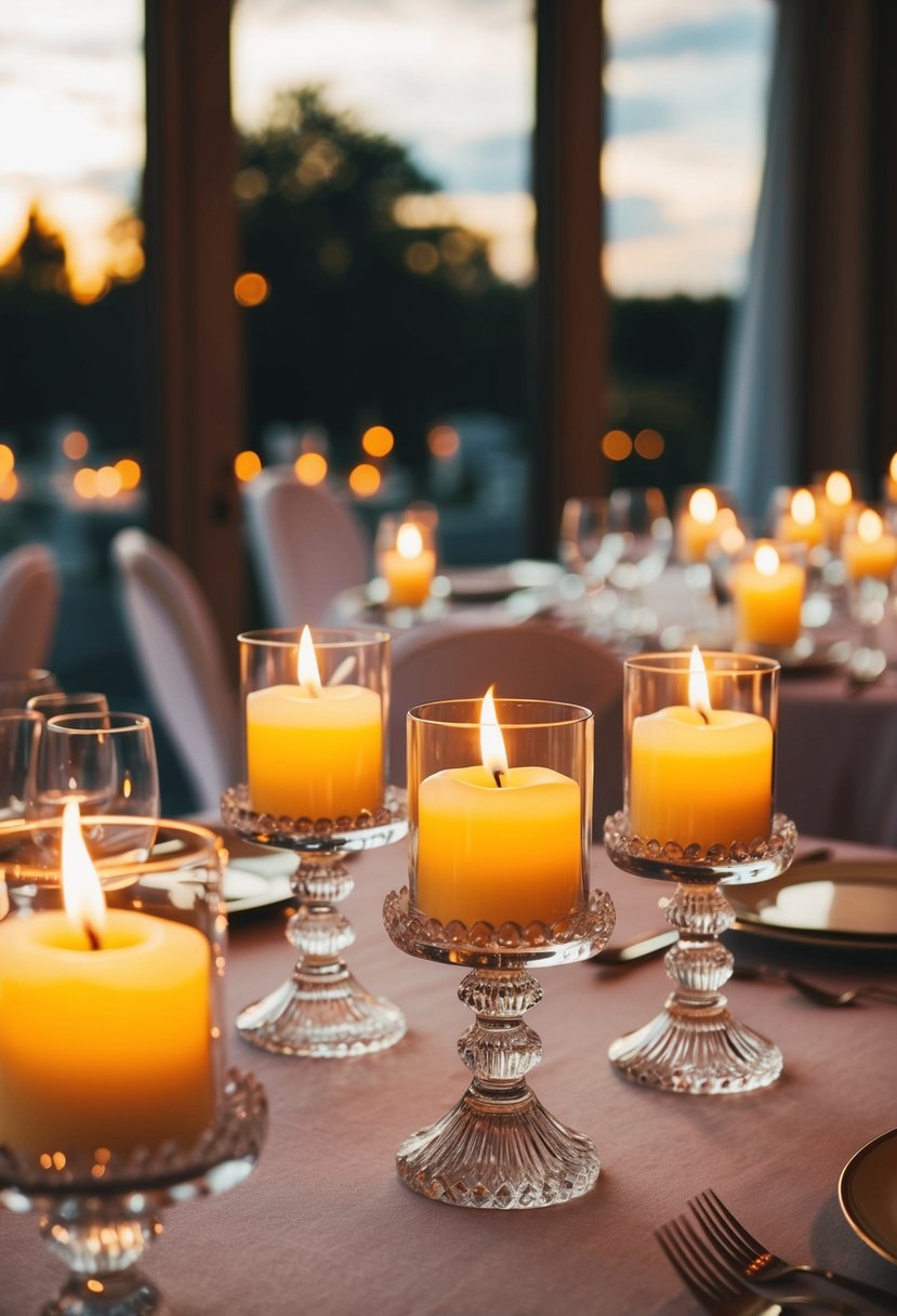 Glowing candles in crystal holders adorn a wedding table, casting a warm and romantic ambiance