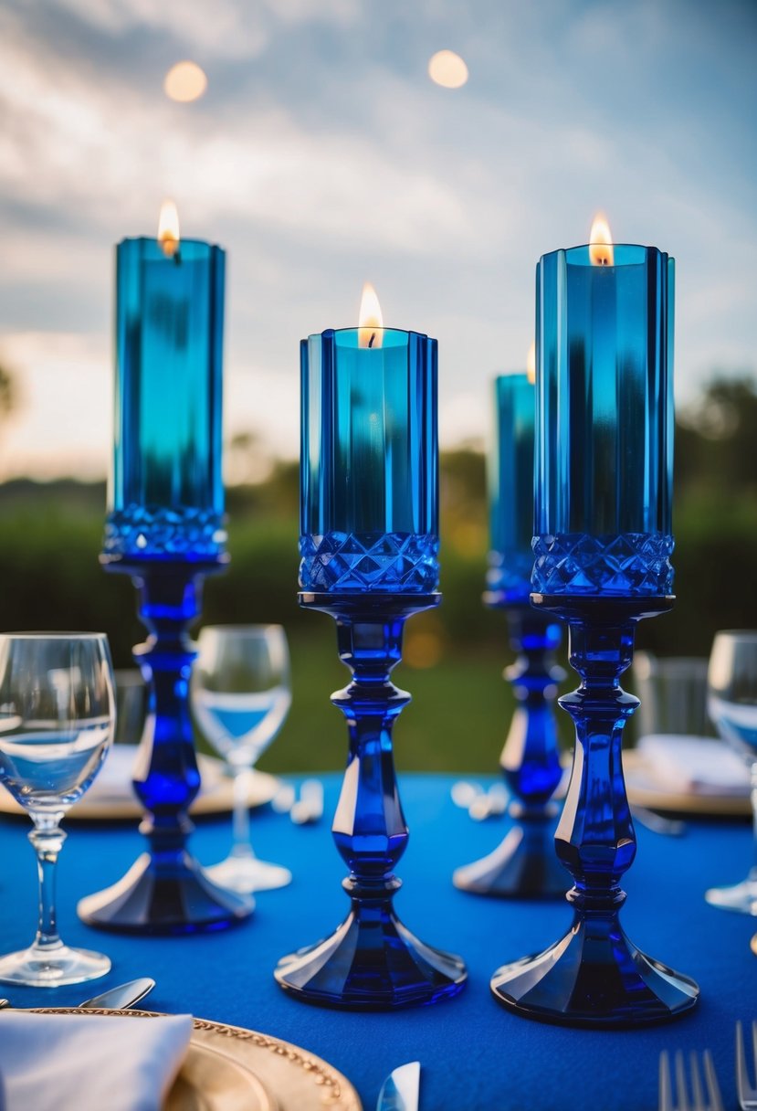 Indigo crystal candlesticks arranged on a blue wedding table