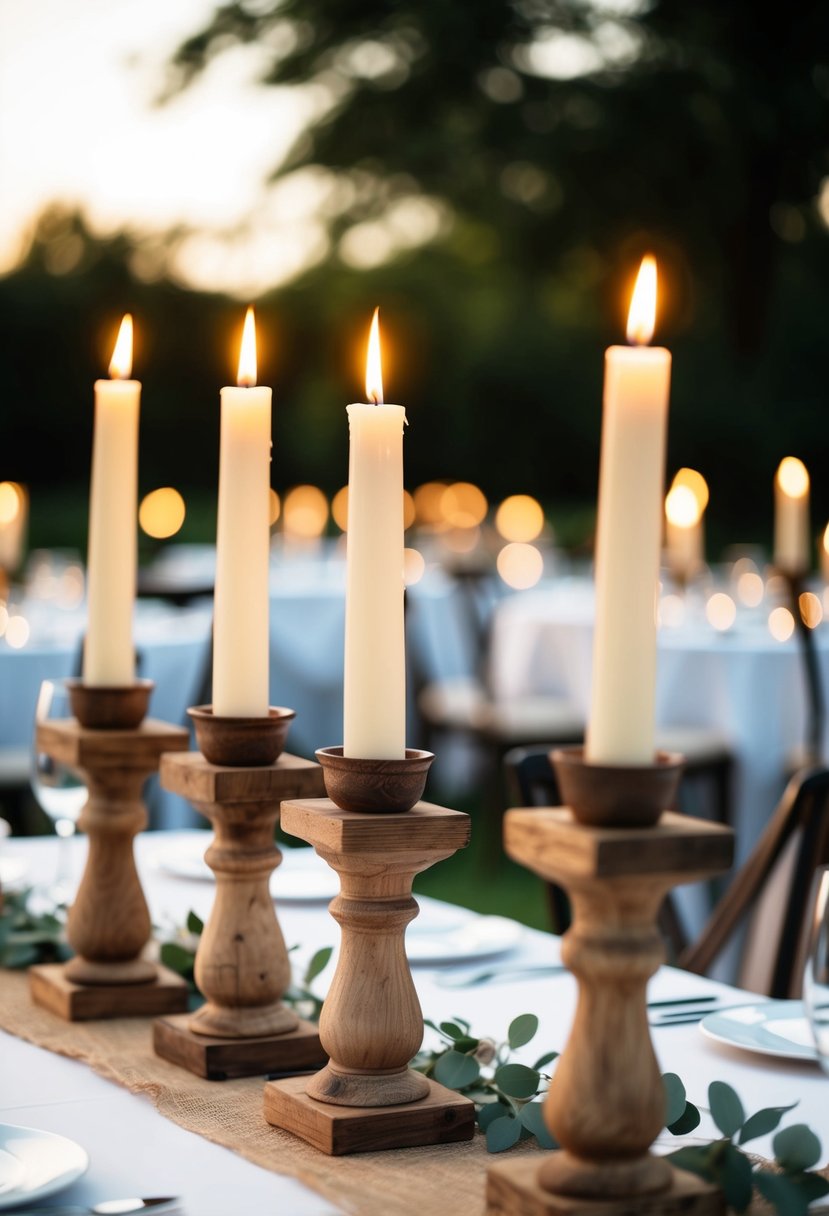 Rustic wooden holders with tapers arranged on wedding tables