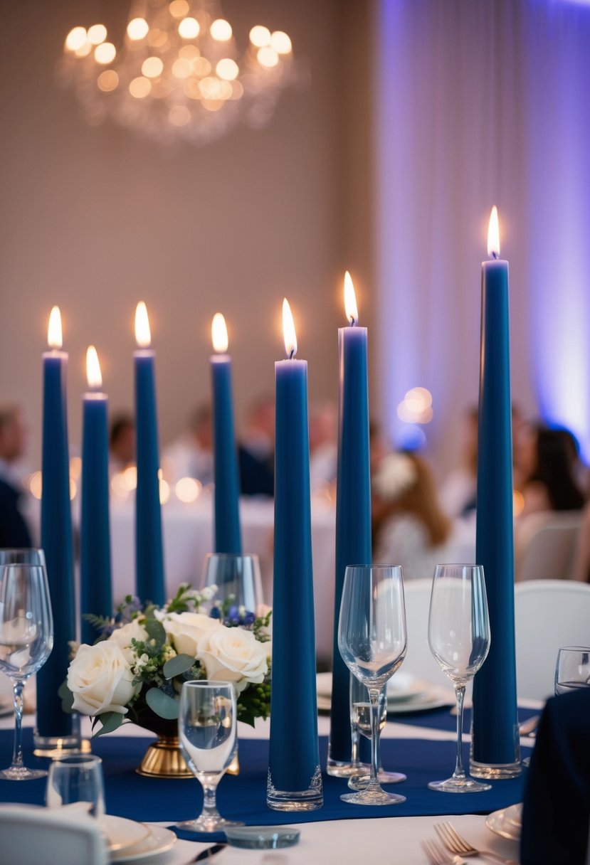 A table adorned with midnight blue tapered candles, casting a soft glow on a wedding reception, creating a serene and elegant ambiance