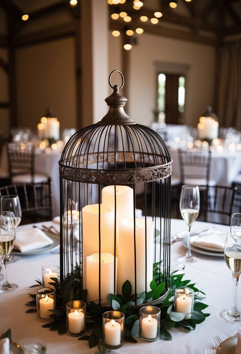 A birdcage adorned with candles serves as a centerpiece on a wedding table, creating a romantic and elegant atmosphere