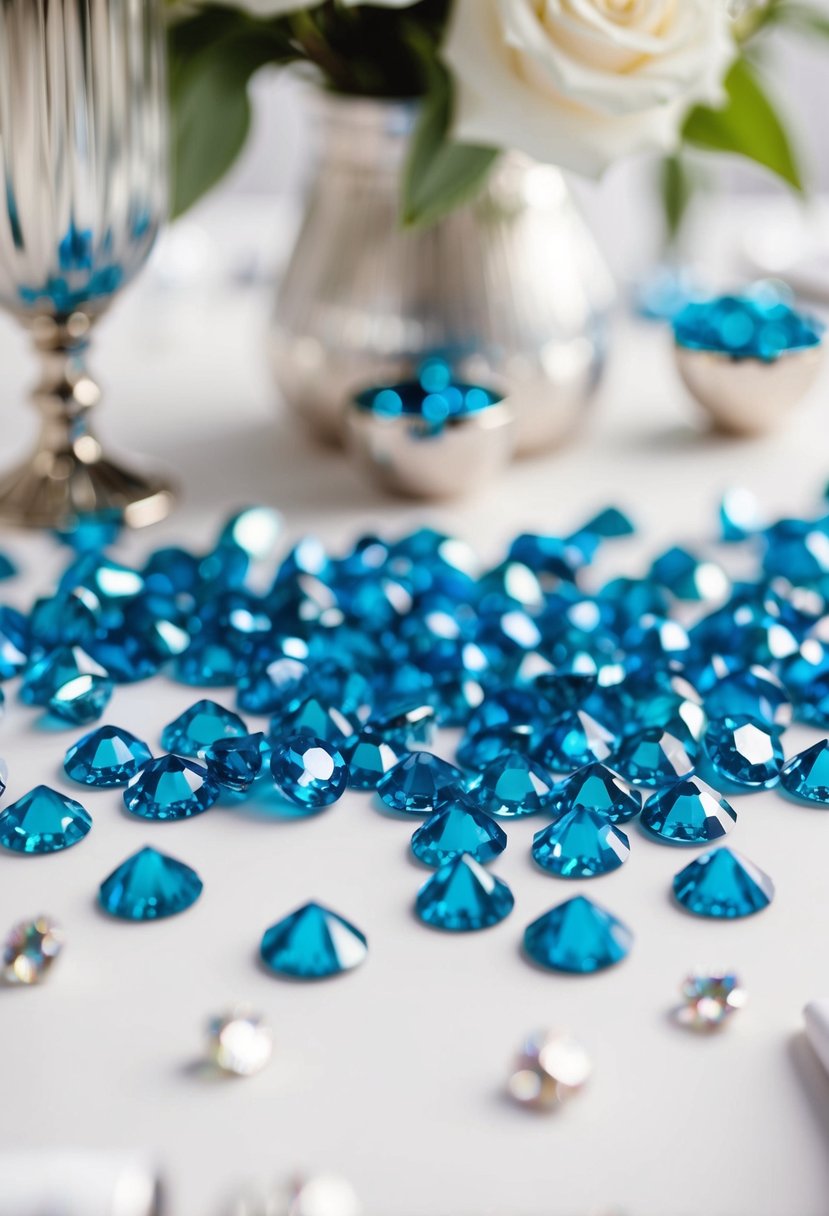 A scattering of azure table gems sparkles amid white and silver wedding decor