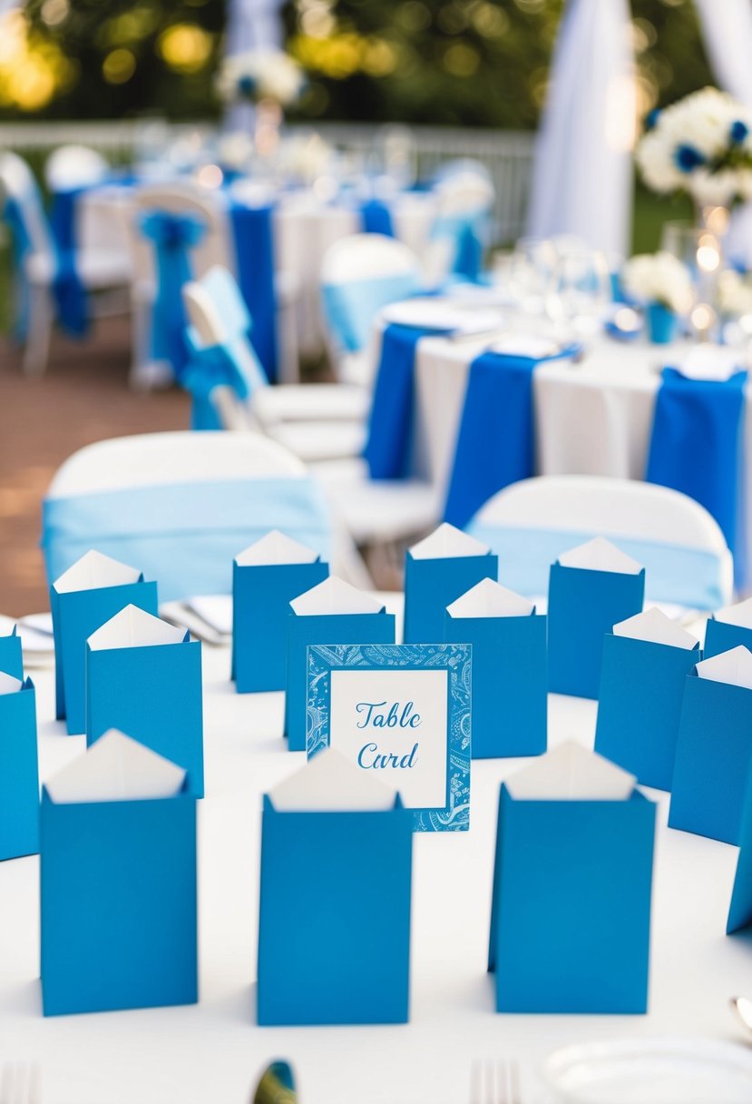 Cerulean blue table card holders arranged on a white table with matching blue wedding decorations