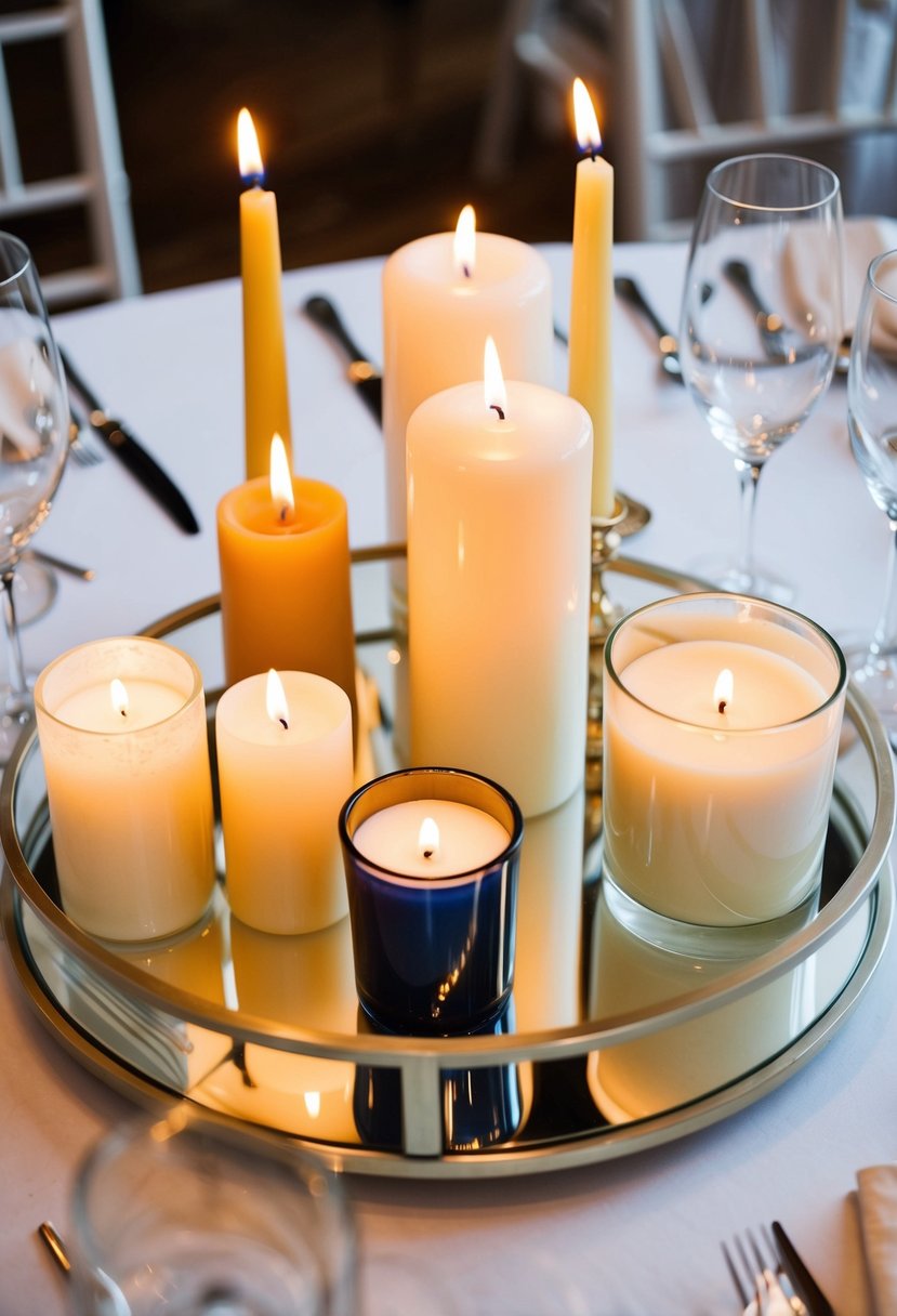 A mirrored tray holds various candles of different shapes and sizes, arranged as a wedding table centerpiece