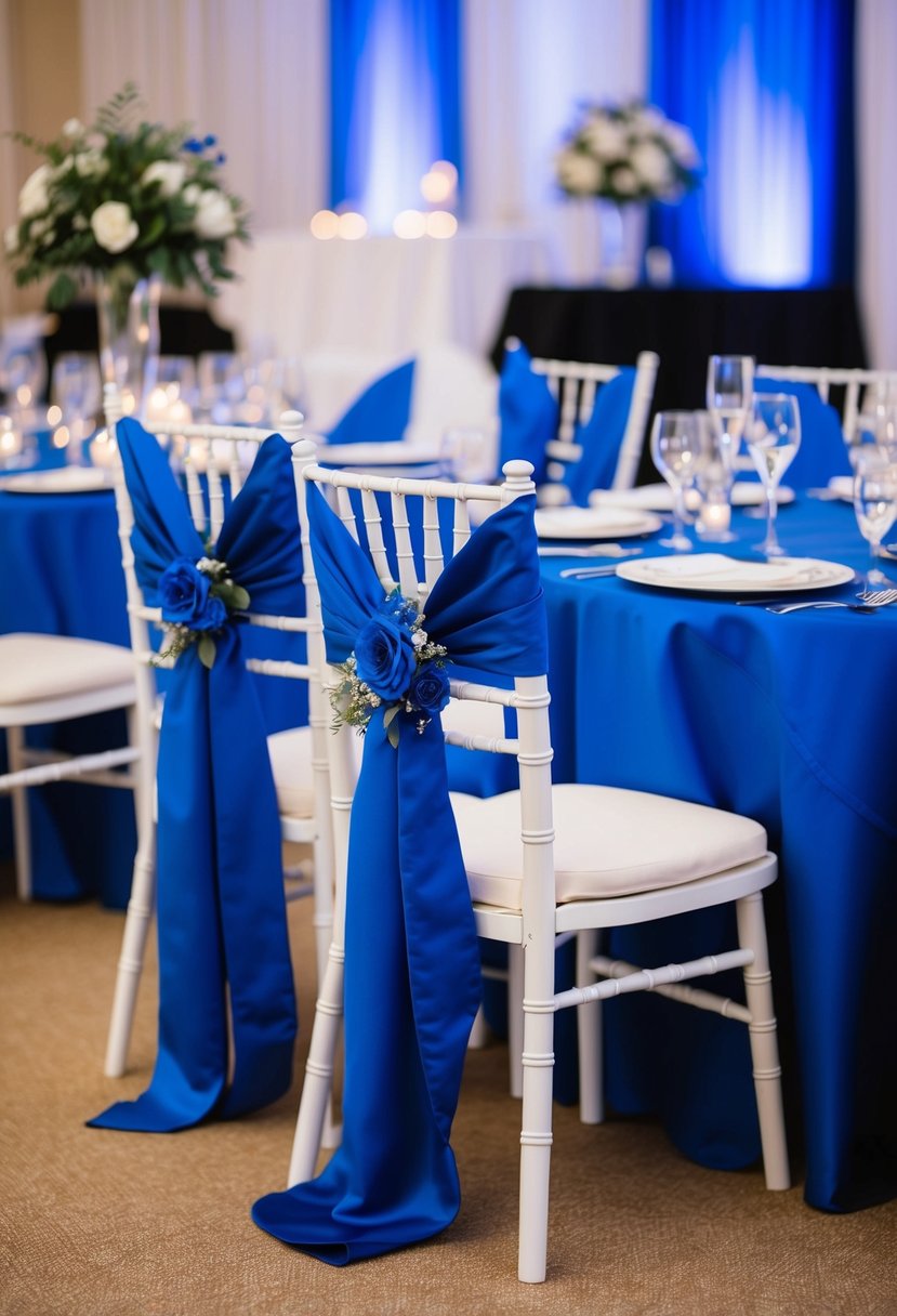 Royal blue chair sashes elegantly draped on white chairs at a wedding reception, complementing the blue table decorations