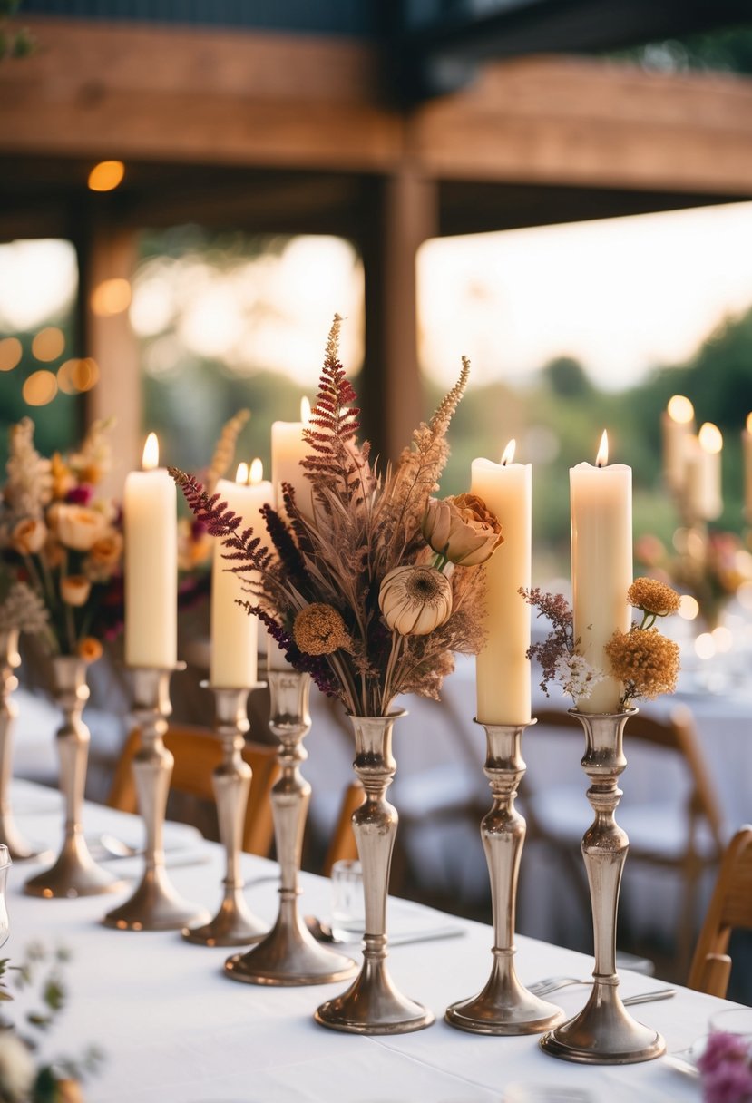 Candlestick holders adorned with dried flowers arranged on a wedding table