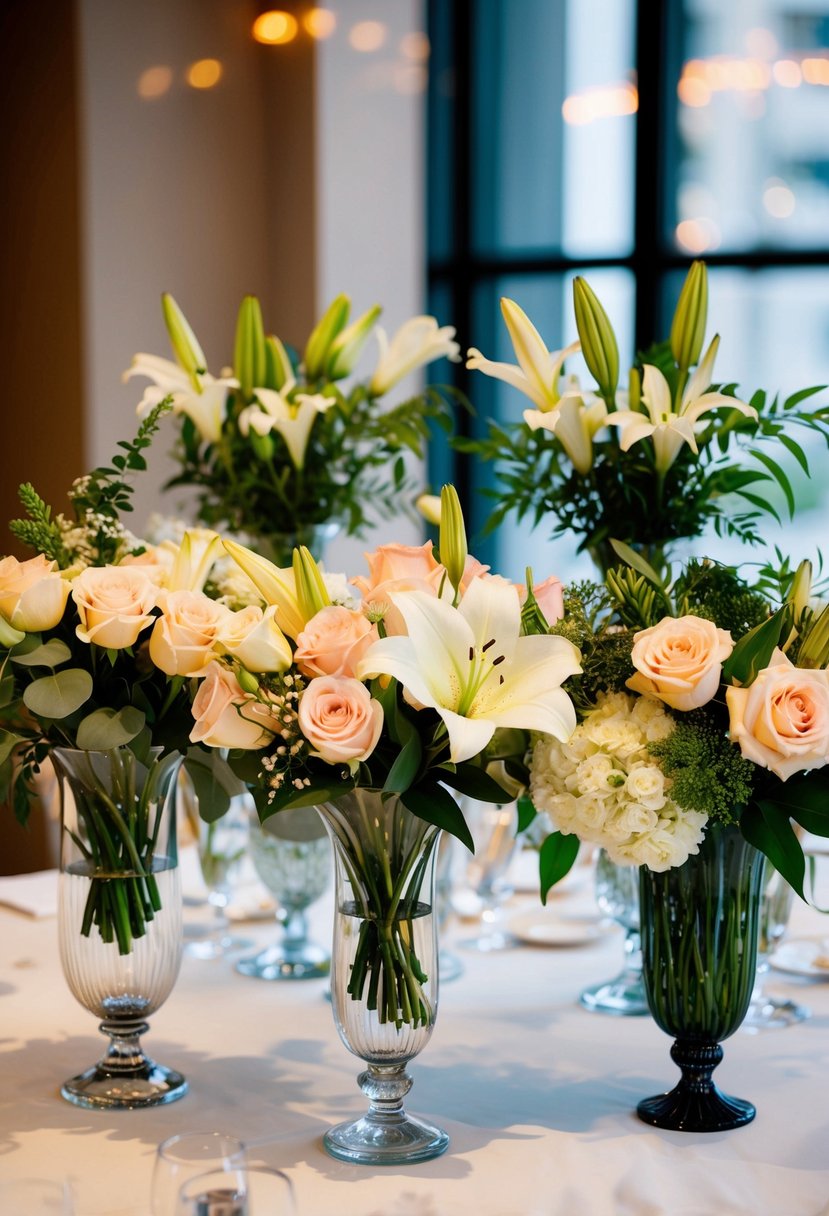 A table with various wedding bouquet options, including roses, lilies, and greenery, arranged in elegant vases