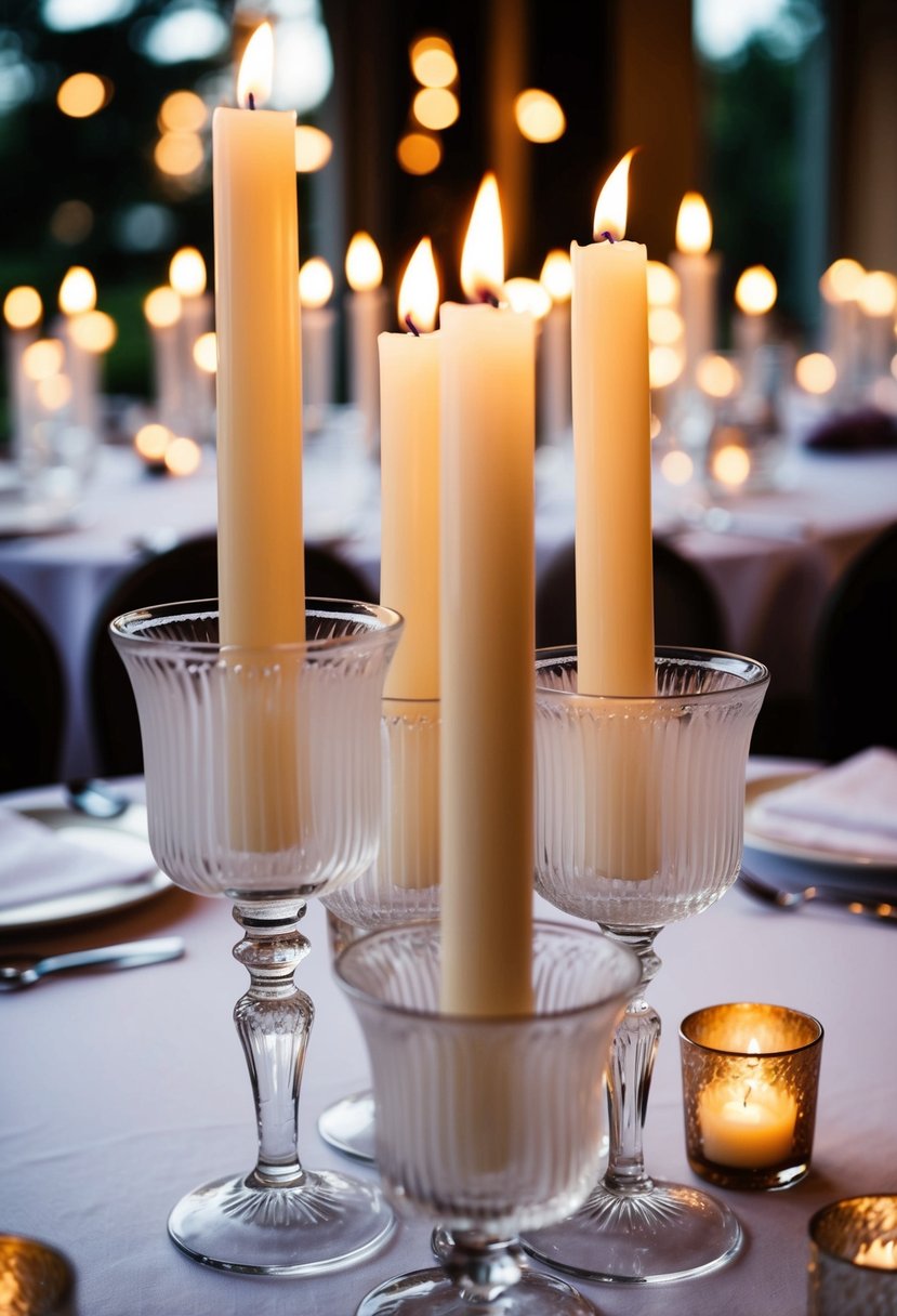 Candles flicker in frosted glass holders atop elegant wedding tables