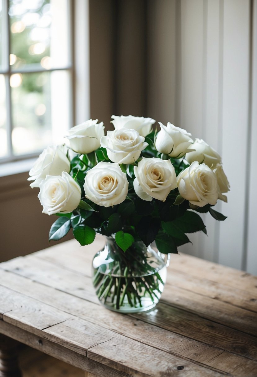 A classic white rose bouquet sits on a rustic wooden table, surrounded by soft natural light