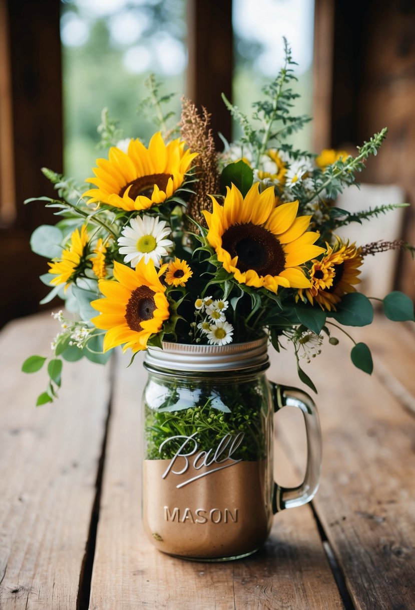 A rustic wildflower arrangement in a mason jar, with sunflowers, daisies, and greenery, sitting on a wooden table