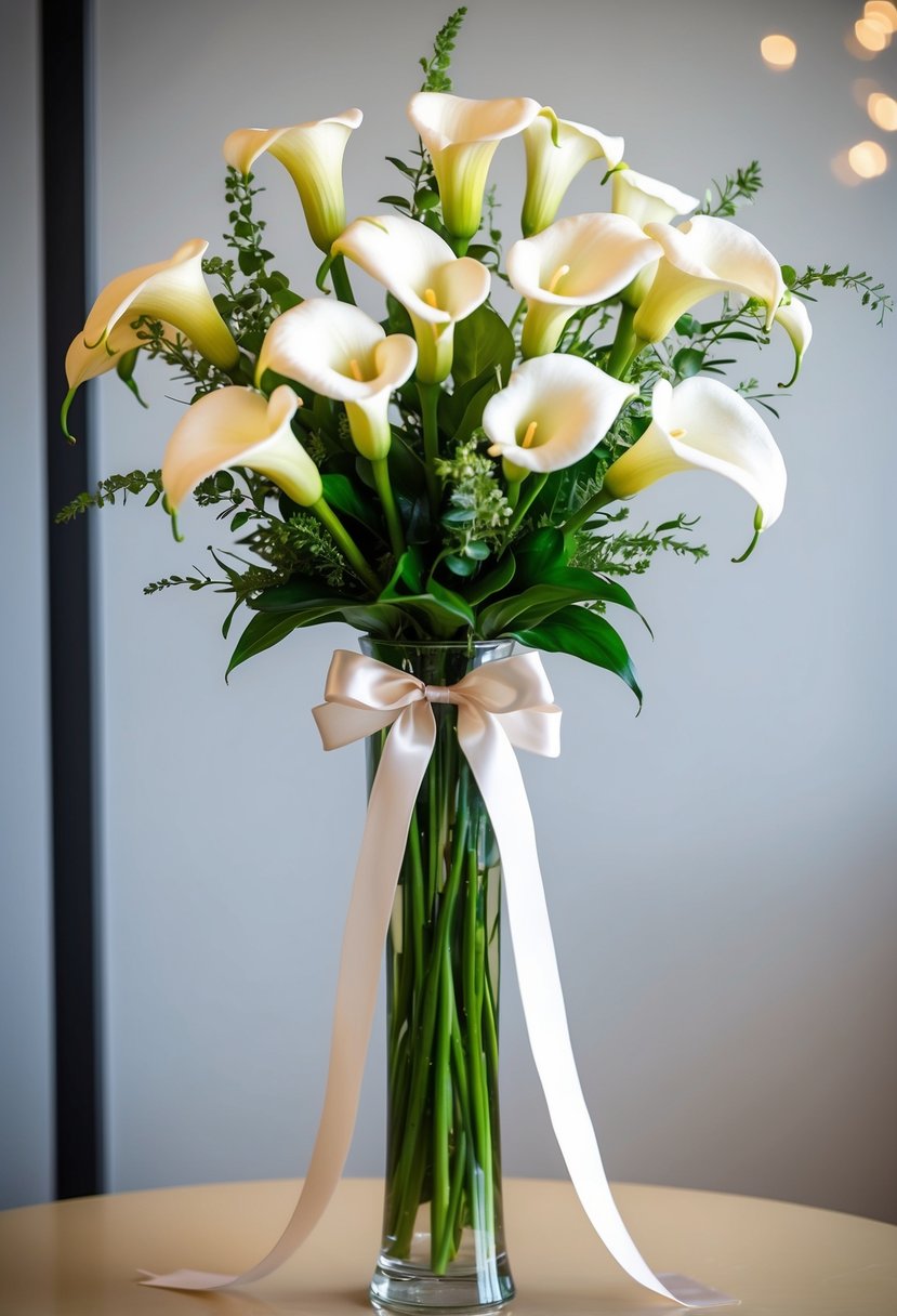 A tall, slender vase holds a lush arrangement of white calla lilies, accented with delicate greenery and tied with a satin ribbon