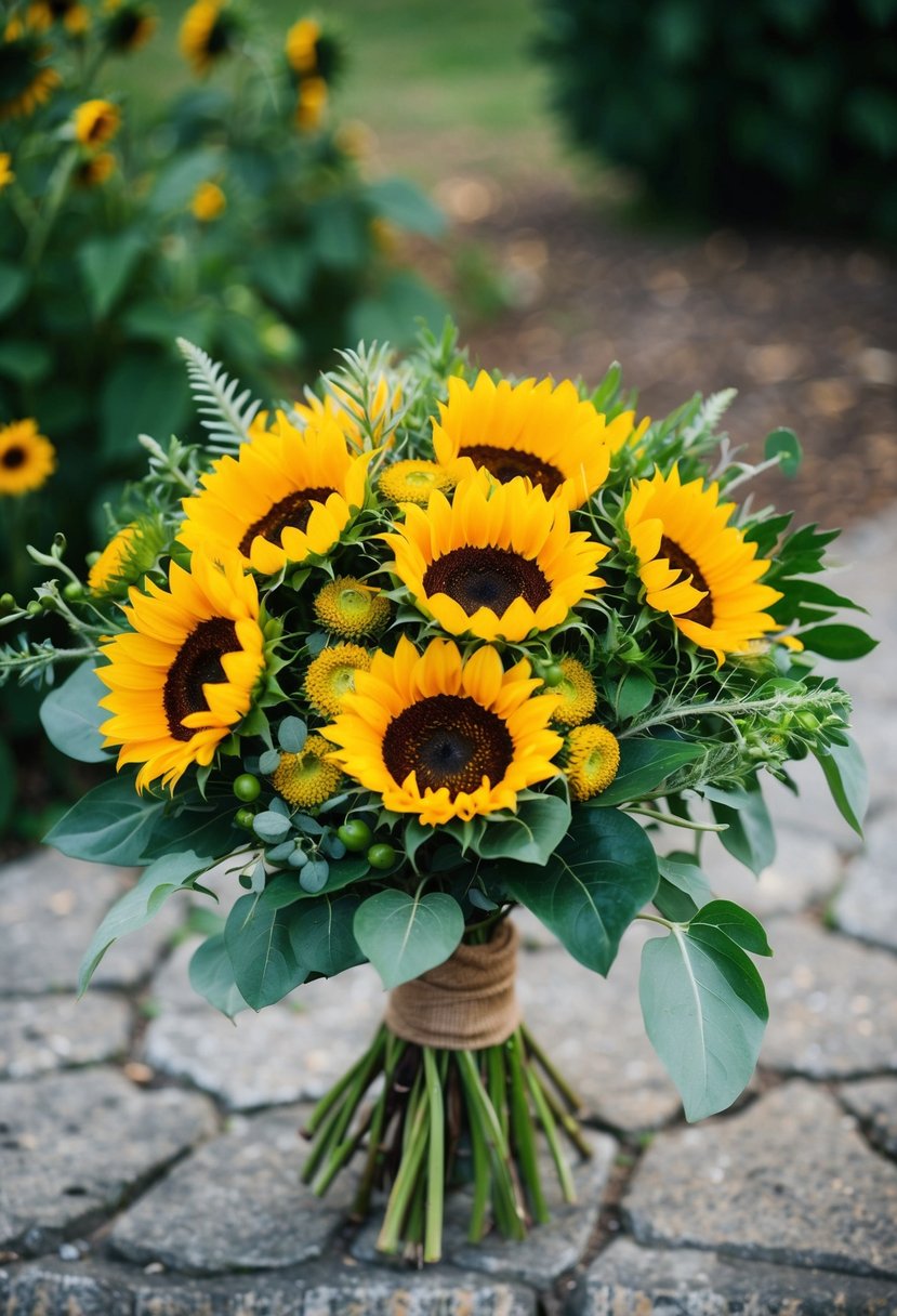 A vibrant posy of sunflowers and greenery arranged in a rustic, hand-tied bouquet