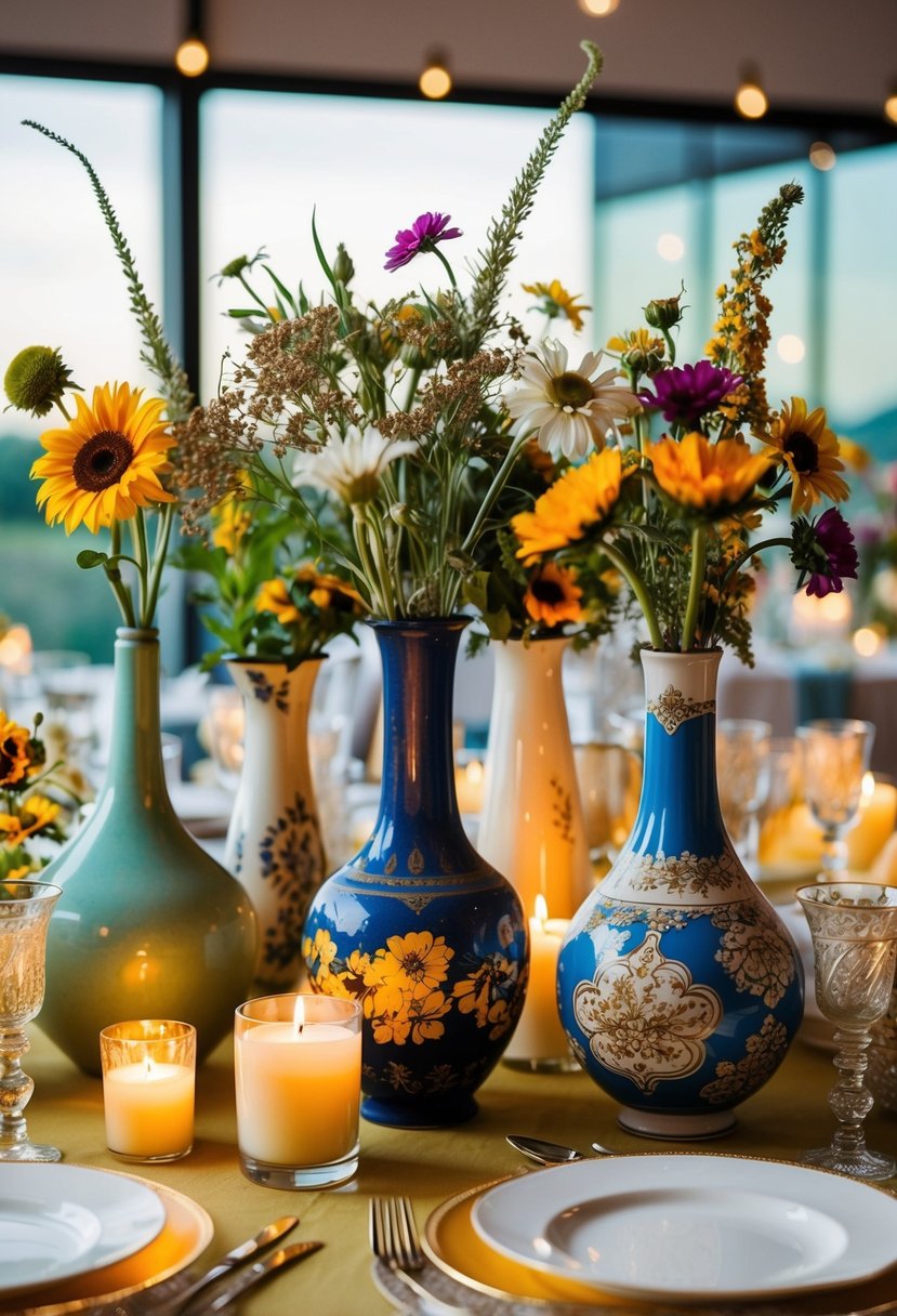 An array of mismatched vintage vases hold wildflowers, surrounded by mix-matched tableware, candles, and quirky centerpieces