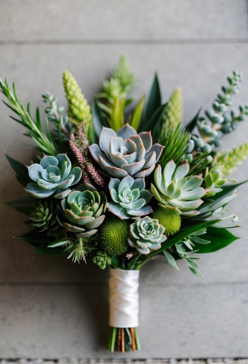 A modern succulent boutonniere with various types of succulents and greenery arranged in an elegant and stylish manner